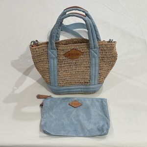 MZ Wallace Woven Tan and Blue Tote with Pouch